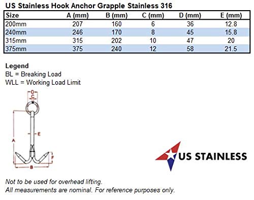 US Stainless Stainless Steel 316 Hook Anchor 9.5" (240mm) Marine Grade Grapple Grappling Hook - Image 4