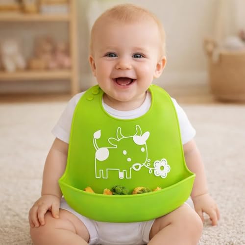 BabyGo Silicone Feeding Bib | Waterproof, Easy-Wipe & Washable Apron Bib for Babies, Soft, Adjustable, Reusable & Comfortable Feeding Bibs for Infants & Toddlers | 1 Pc (Multicolor/Designs May Vary) - Image 1