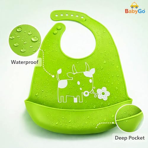 BabyGo Silicone Feeding Bib | Waterproof, Easy-Wipe & Washable Apron Bib for Babies, Soft, Adjustable, Reusable & Comfortable Feeding Bibs for Infants & Toddlers | 1 Pc (Multicolor/Designs May Vary) - Image 3