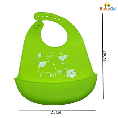 BabyGo Silicone Feeding Bib | Waterproof, Easy-Wipe & Washable Apron Bib for Babies, Soft, Adjustable, Reusable & Comfortable Feeding Bibs for Infants & Toddlers | 1 Pc (Multicolor/Designs May Vary) - Image 2