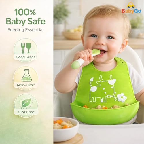 BabyGo Silicone Feeding Bib | Waterproof, Easy-Wipe & Washable Apron Bib for Babies, Soft, Adjustable, Reusable & Comfortable Feeding Bibs for Infants & Toddlers | 1 Pc (Multicolor/Designs May Vary) - Image 4