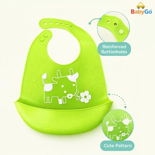 BabyGo Silicone Feeding Bib | Waterproof, Easy-Wipe & Washable Apron Bib for Babies, Soft, Adjustable, Reusable & Comfortable Feeding Bibs for Infants & Toddlers | 1 Pc (Multicolor/Designs May Vary) - Image 5