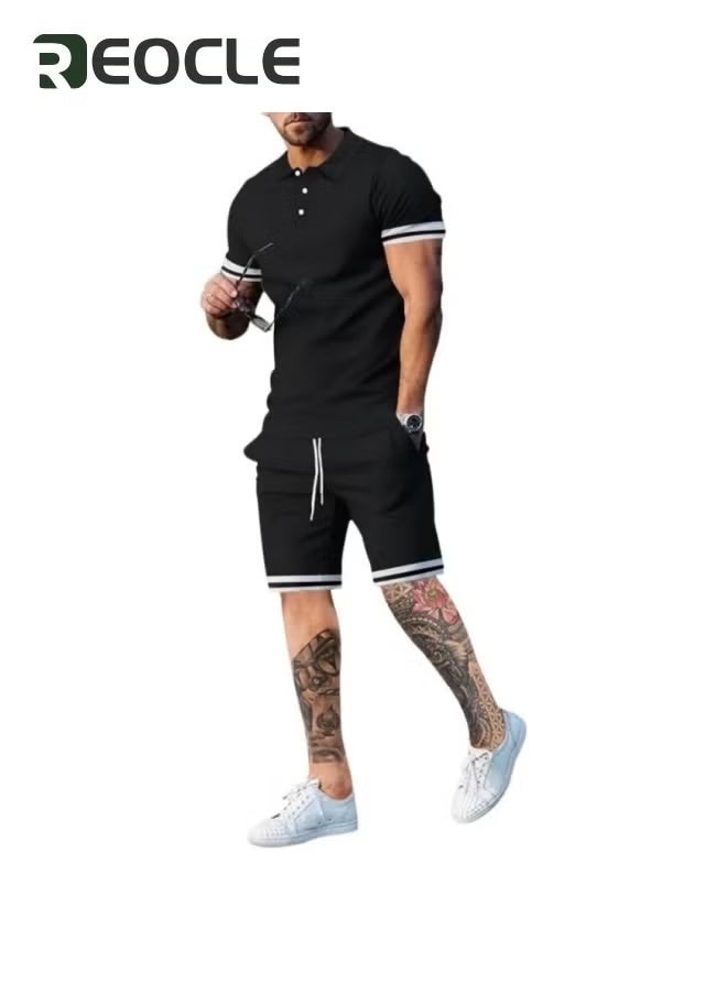 REOCLE Men's Polo Shirt and Shorts Set Summer Outfits Casual Button Down Short Sleeve Suit Shorts Tracksuit 2 Piece  - Image 1