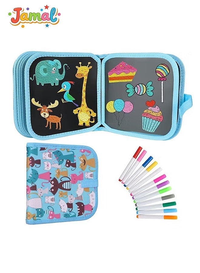 Jamal Erasable 14-page coloring book for Kids 3+, Reusable Drawing Pad for Toddlers, Birthday u0026 Halloween Gifts with 12 Colored Pens(Blue kitten) - Image 1