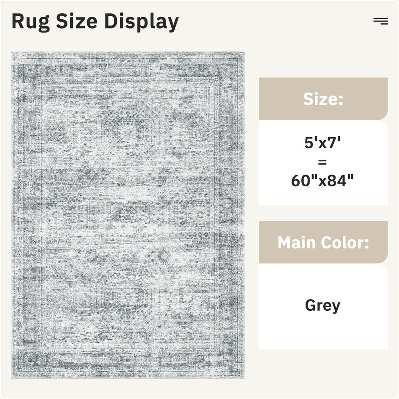 Soalmost 5x7 Area Rugs Gray Low Pile Indoor Washable Trendy Faded Style Rugs for Bedroom Living Room Dining Room Foldable Non-Slip Thin Grey Print Mat - Image 4