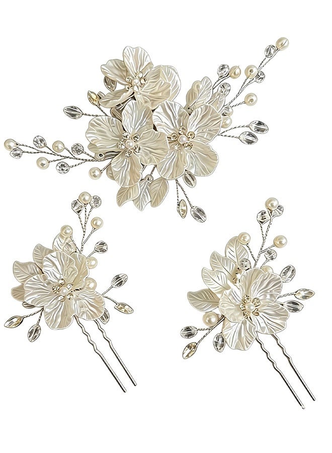 Happy D 3PCS White Floral Hair Combs with Pearls and Crystals - Bridal Hair Clips for Weddings and Special Occasions - Image 5