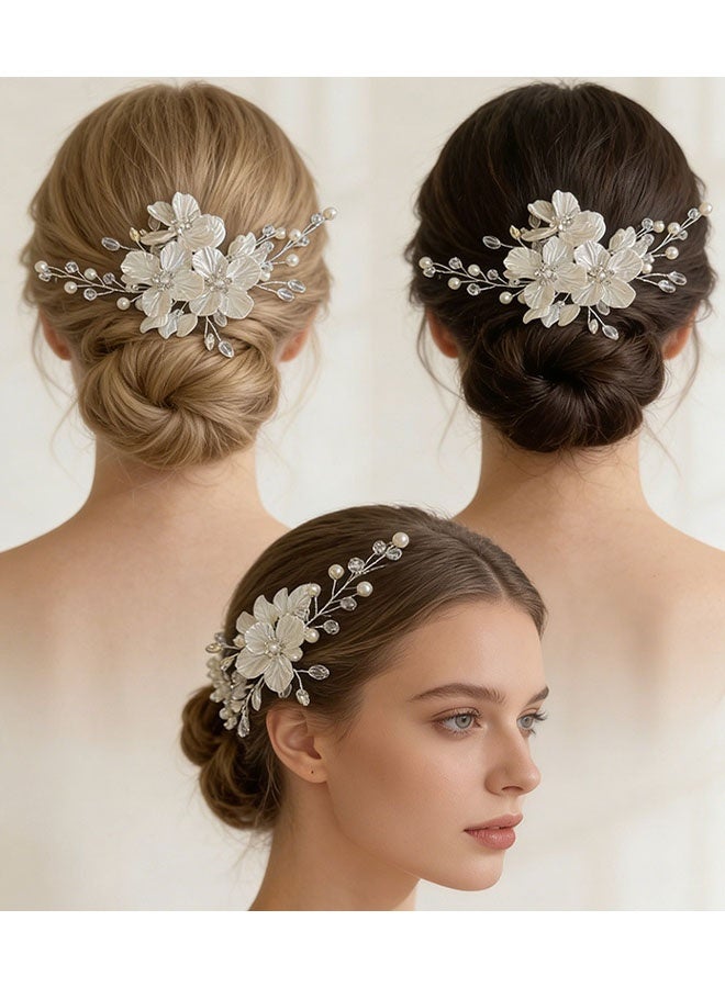 Happy D 3PCS White Floral Hair Combs with Pearls and Crystals - Bridal Hair Clips for Weddings and Special Occasions - Image 3