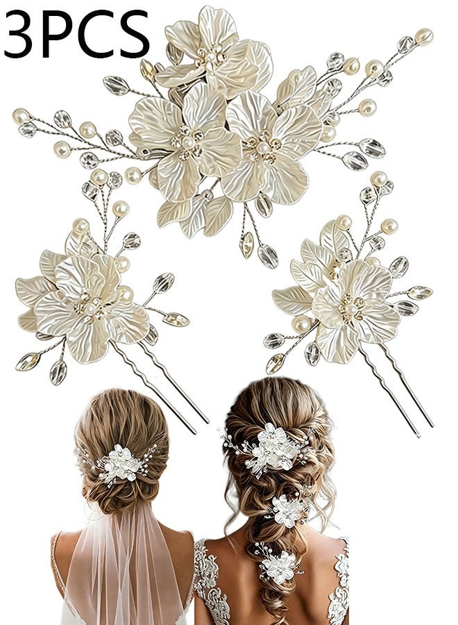 Happy D 3PCS White Floral Hair Combs with Pearls and Crystals - Bridal Hair Clips for Weddings and Special Occasions - Image 1
