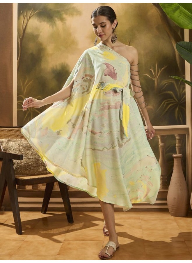 أيه كيه إس فستان كتف واحد بطبعة رخامية غير متماثل - Image 1