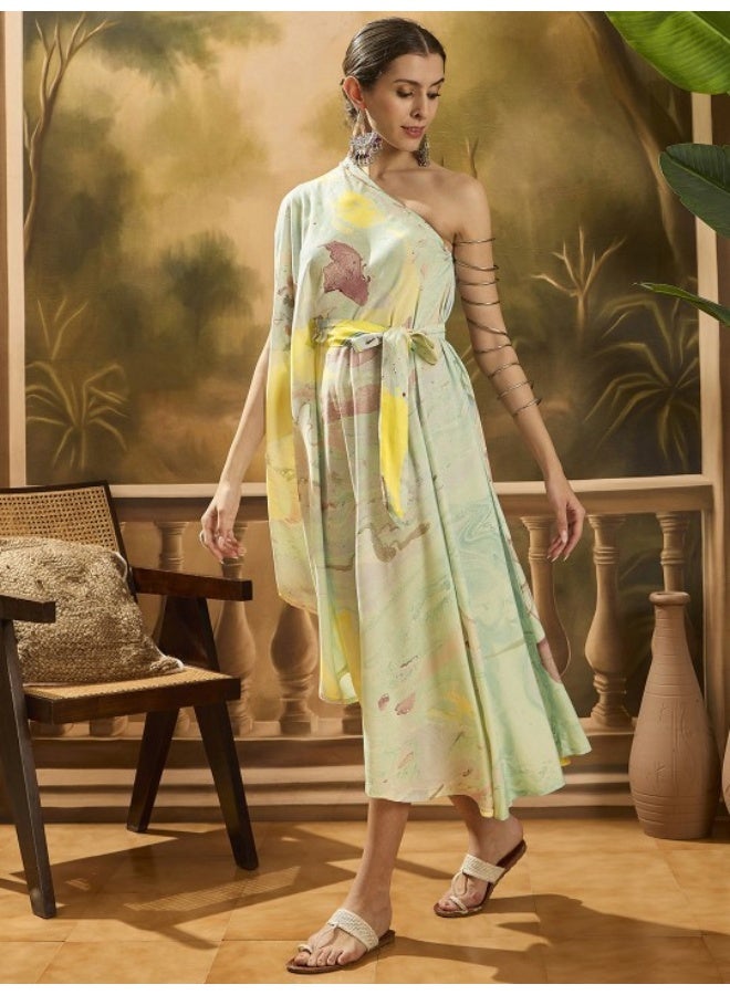 أيه كيه إس فستان كتف واحد بطبعة رخامية غير متماثل - Image 4