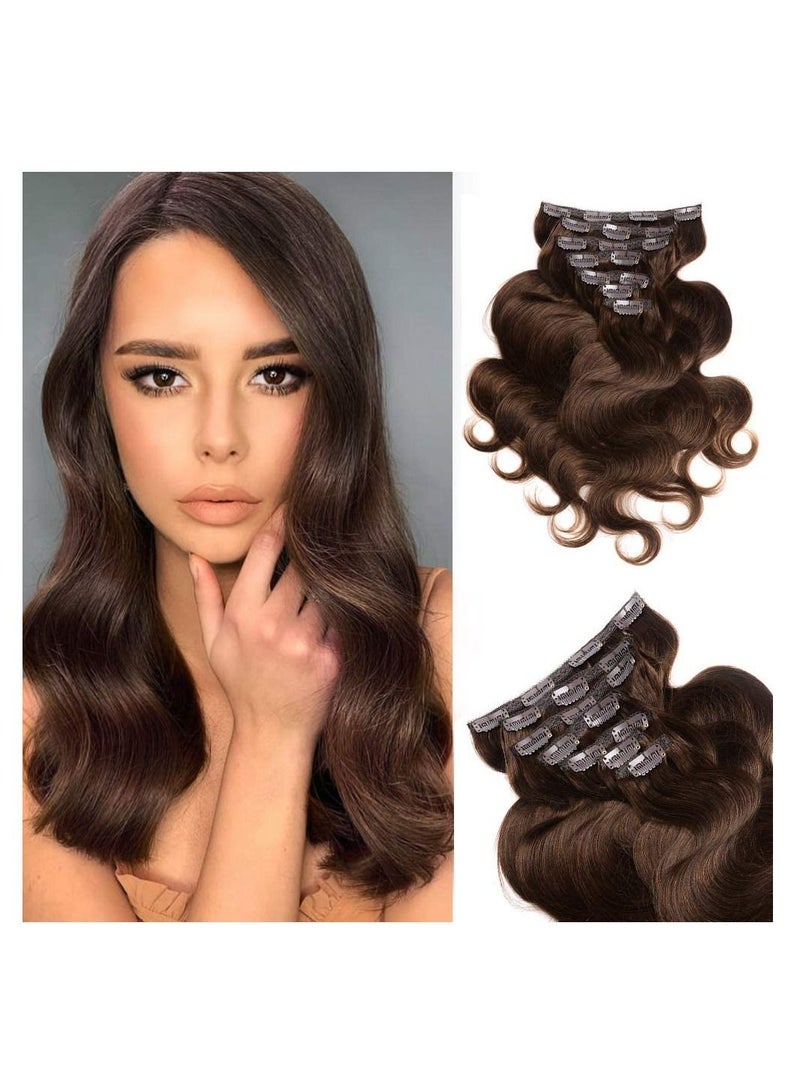 Estelle Clip in Remy Human Hair Extensions for Woman, Body Wave 100g ,7 Pieces ,16 Clips (Middle Brown) - Image 1