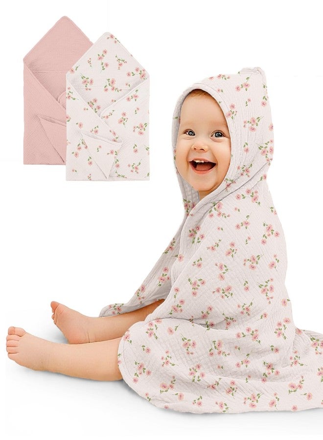 Wimist Hooded Baby Towels 2 Pack, Muslin Baby Bath Towels with Hood for Newborn Infant and Toddler, Soft Breathable & Absorbent, 32" x 32" (Rosy, Heavyweight) - Image 1