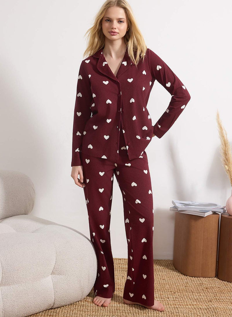 trendyol Burgundy 100% Cotton Heart Patterned Knitted Pajamas Set Thmaw21Pt0548 - Image 1
