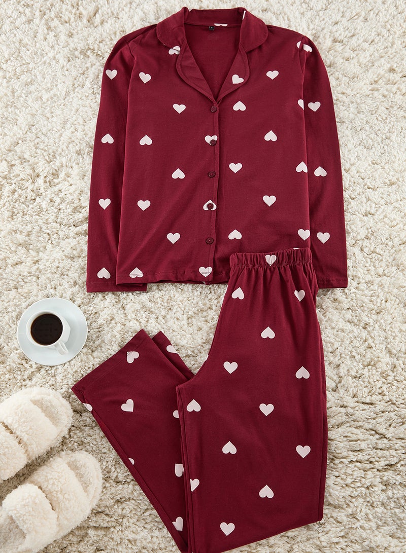 trendyol Burgundy 100% Cotton Heart Patterned Knitted Pajamas Set Thmaw21Pt0548 - Image 5
