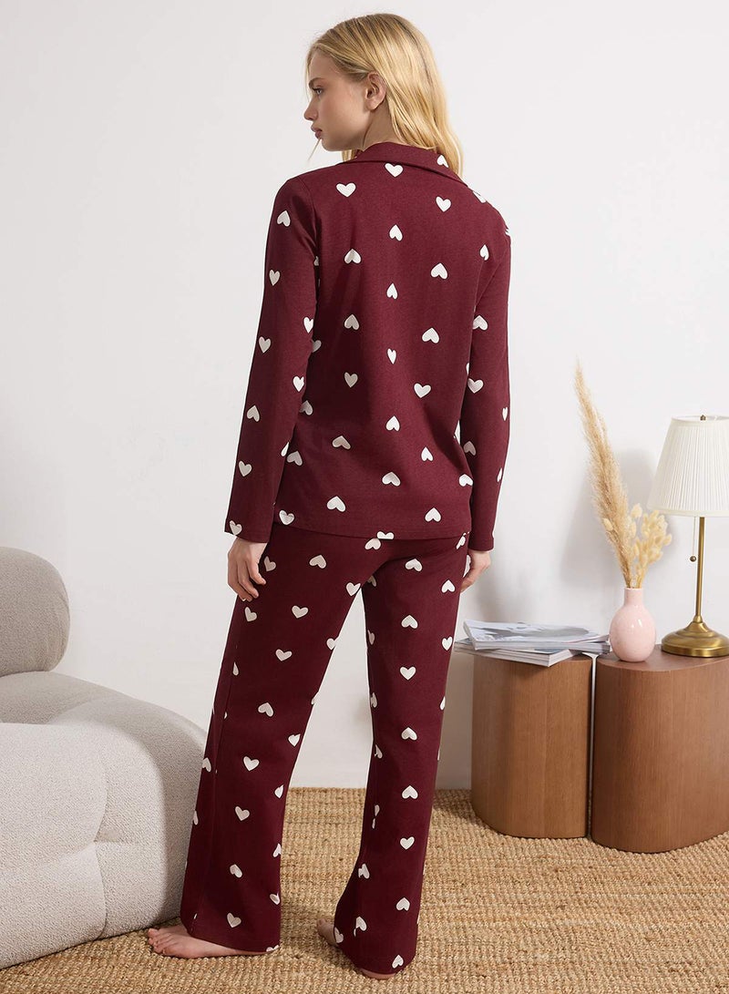 trendyol Burgundy 100% Cotton Heart Patterned Knitted Pajamas Set Thmaw21Pt0548 - Image 4