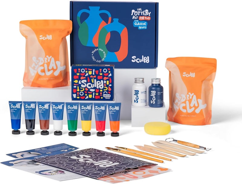 Sculpd - The Original Pottery Kit for Adults - Air Dry Clay for Adults, Tools, Varnish, Paints, Brushes, Couples Date Night Arts & Crafts Set, Gloss Varnish with Classic Tones - Image 1