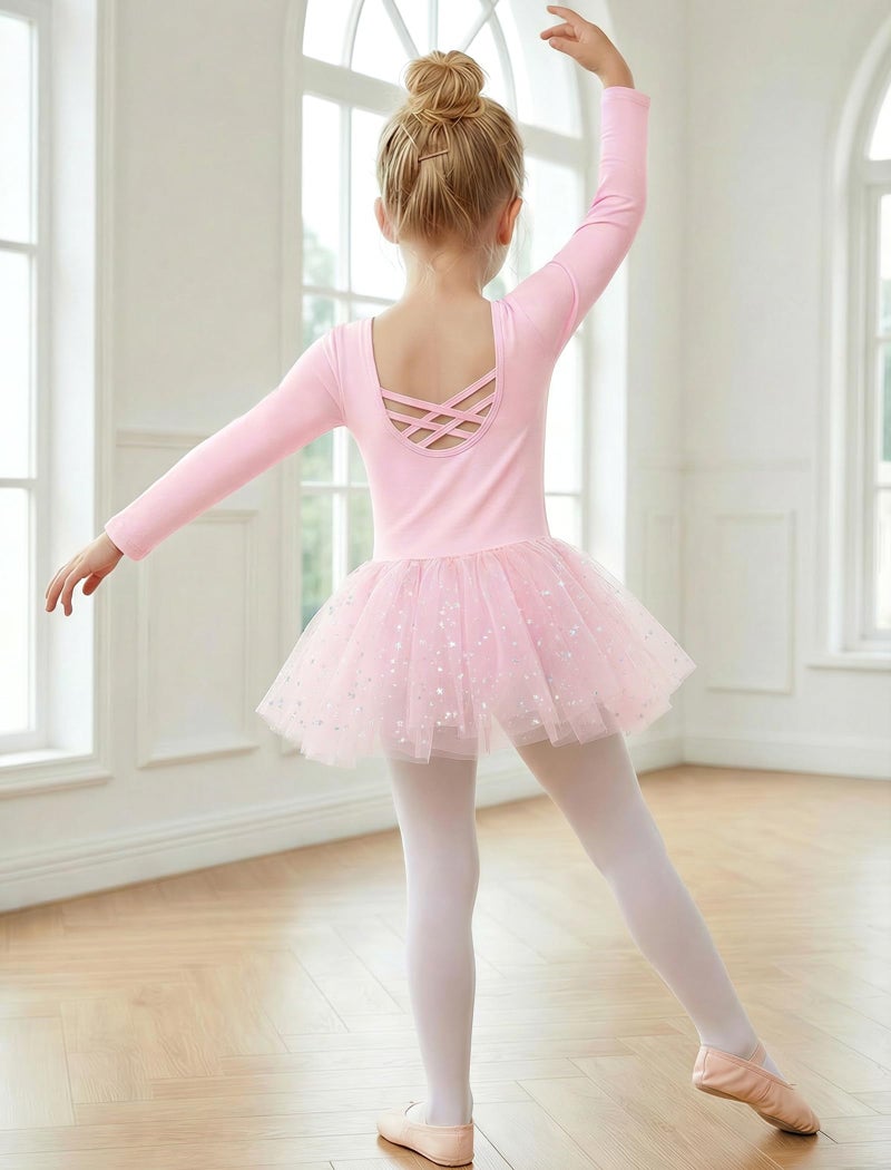 Gogokids Long Sleeve Ballet Leotards for Girls Crisscross Back Dance Outfit with Shiny Skirt Leotard 11-12 Years Light Pink - Image 4