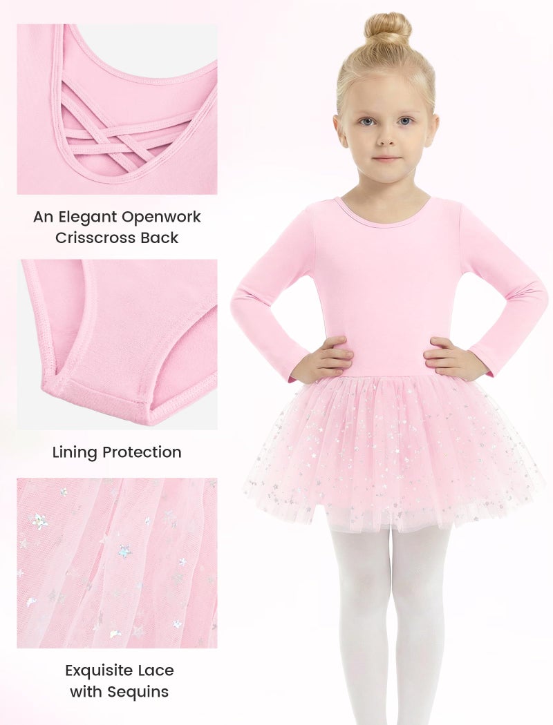 Gogokids Long Sleeve Ballet Leotards for Girls Crisscross Back Dance Outfit with Shiny Skirt Leotard 11-12 Years Light Pink - Image 5