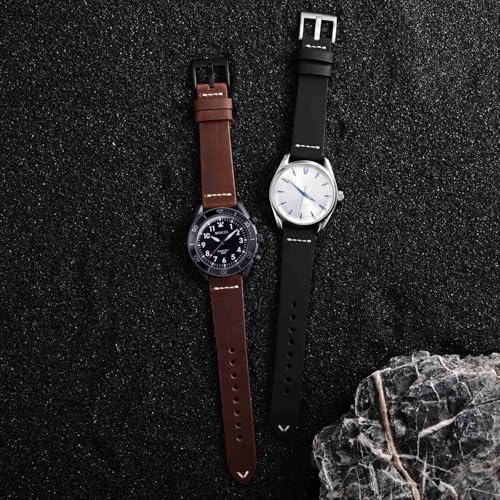WOCCI 26mm Oldfashioned Watch Band for Men Top Grain Leather Black Matte Buckle Black - Image 3