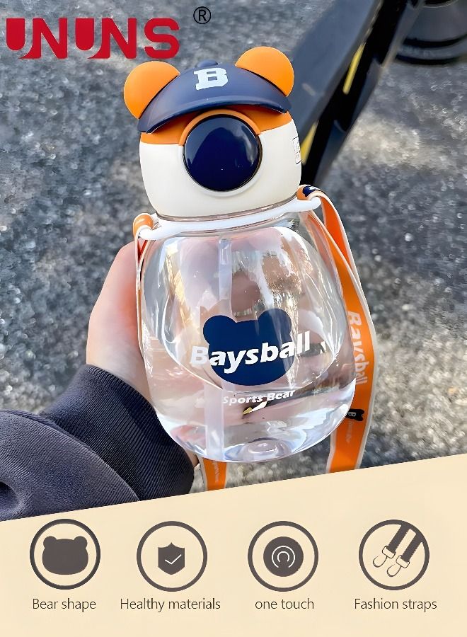 UNUNS زجاجات مياه محمولة مع شفاطة، زجاجات مياه على شكل دب لطيف سعة 650 مل مع مقبض وحزام قابل للتعديل، للسفر في مكتب المدرسة للفتيات، برتقالي - Image 3