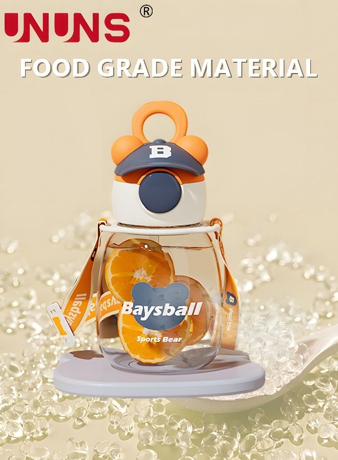 UNUNS زجاجات مياه محمولة مع شفاطة، زجاجات مياه على شكل دب لطيف سعة 650 مل مع مقبض وحزام قابل للتعديل، للسفر في مكتب المدرسة للفتيات، برتقالي - Image 4