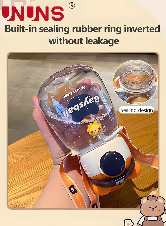 UNUNS زجاجات مياه محمولة مع شفاطة، زجاجات مياه على شكل دب لطيف سعة 650 مل مع مقبض وحزام قابل للتعديل، للسفر في مكتب المدرسة للفتيات، برتقالي - Image 5