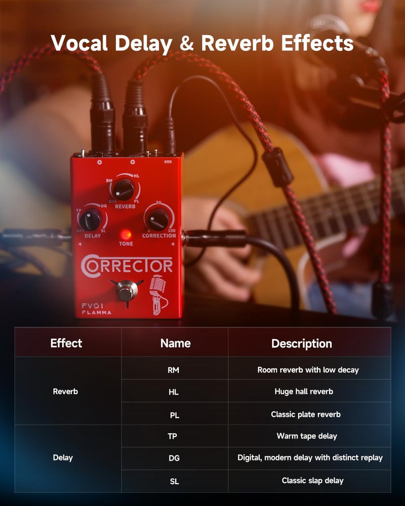 FLAMMA FV01 Vocal Effects Processor Pitch Correction Voice Pedal Vocal Stompbox Microphone Amplifier for Singer Live Singing Streaming Recording with Delay Reverb Acoustic Guitar Playing - Image 3