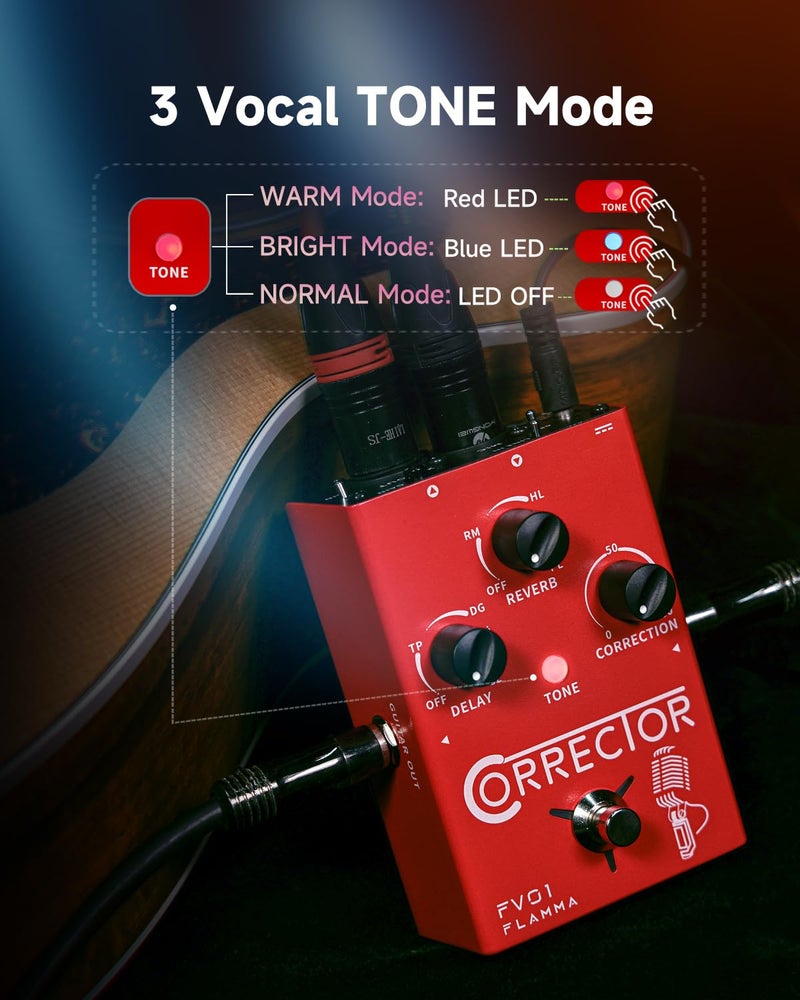 FLAMMA FV01 Vocal Effects Processor Pitch Correction Voice Pedal Vocal Stompbox Microphone Amplifier for Singer Live Singing Streaming Recording with Delay Reverb Acoustic Guitar Playing - Image 4