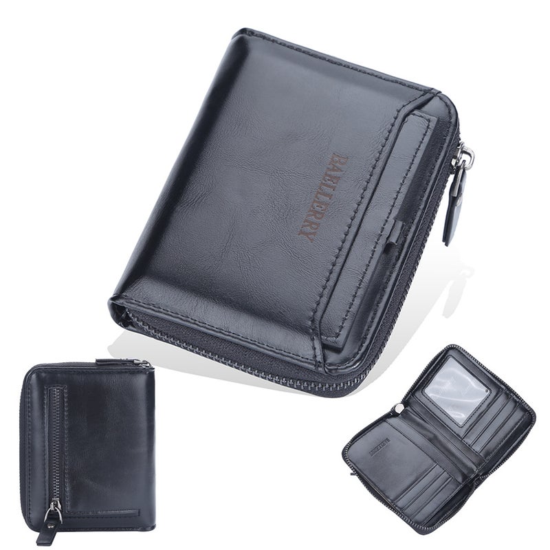 Mens Baellerry Short Wallet Vintage Zipper Multi-Slot Coin Purse black vertical section 