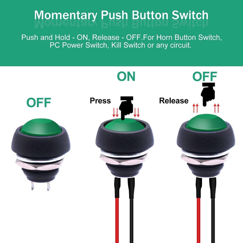 Twidec /6Pcs 12mm Momentary Push Button Switch 1/2" Mounting Hole On Off Mini Round Waterproof Green with Pre-soldered Wires PBS-33B-G-X - Image 2