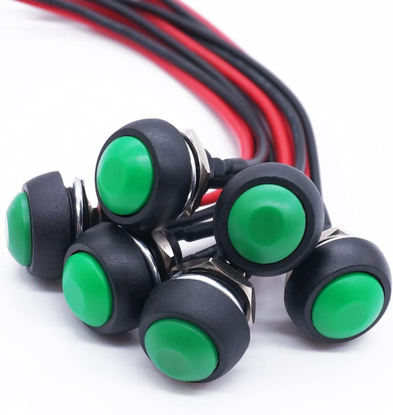 Twidec /6Pcs 12mm Momentary Push Button Switch 1/2" Mounting Hole On Off Mini Round Waterproof Green with Pre-soldered Wires PBS-33B-G-X - Image 1