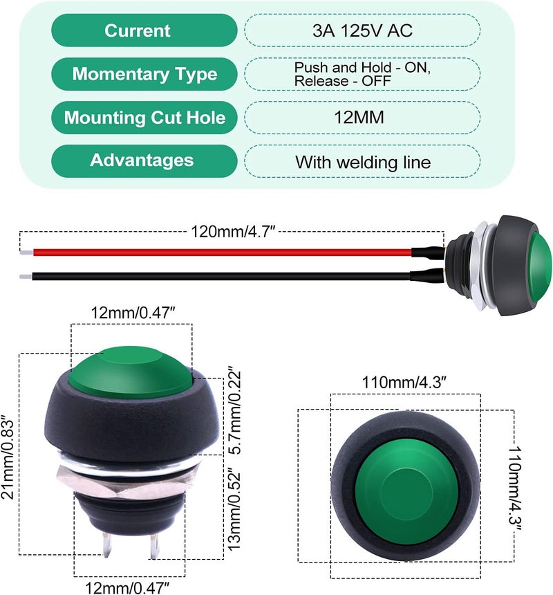 Twidec /6Pcs 12mm Momentary Push Button Switch 1/2" Mounting Hole On Off Mini Round Waterproof Green with Pre-soldered Wires PBS-33B-G-X - Image 4