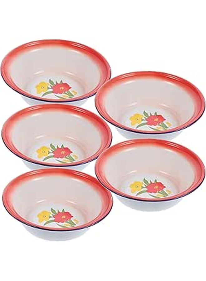 Vintage Enamel Bowls Set 5pcs 20cm Red Floral Soup Salad Mixing Basins - Image 1
