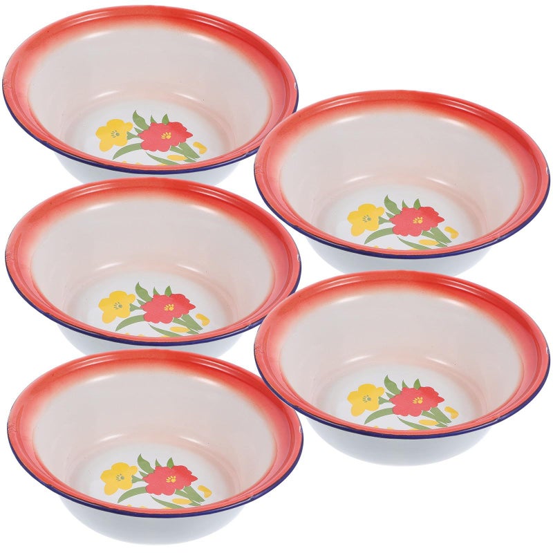 Vintage Enamel Bowls Set 5pcs 20cm Red Floral Soup Salad Mixing Basins - Image 2