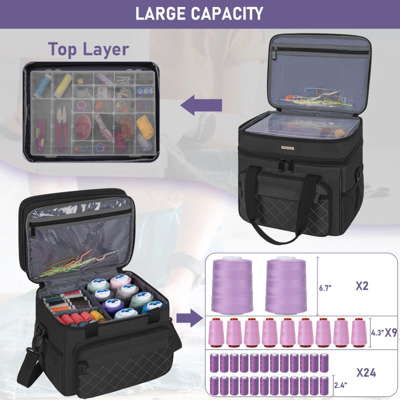 FREEAMG Sewing Storage Bag with Removable Tray Large Capacity Sewing Aaccessories Organizer Travel Sewing Case with Shoulder Strap Double-Layer Sewing Organizer Bag Black (Bag Only) - Image 4