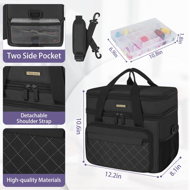 FREEAMG Sewing Storage Bag with Removable Tray Large Capacity Sewing Aaccessories Organizer Travel Sewing Case with Shoulder Strap Double-Layer Sewing Organizer Bag Black (Bag Only) - Image 3