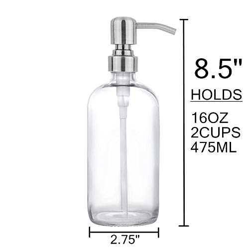 CHBJDAN 2 Pack Thick Clear Glass Pint Jar Soap Dispenser with Silver Stainless Steel Pump, 16ounce Clear Boston Round Bottles Dispenser with Rustproof Pump for Essential Oil, Lotion Soap - Image 4