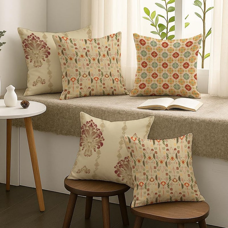 BRICK HOME Set of 5 Polycotton Printed Cushion Covers 16x16 Inches | Traditional Indian Motif & Geometric Design | Beige, Maroon & Pastel Shades | Soft Decorative Pillow Covers for Sofa & Couch - Image 2