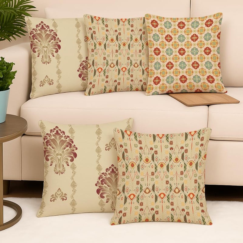 BRICK HOME Set of 5 Polycotton Printed Cushion Covers 16x16 Inches | Traditional Indian Motif & Geometric Design | Beige, Maroon & Pastel Shades | Soft Decorative Pillow Covers for Sofa & Couch - Image 5