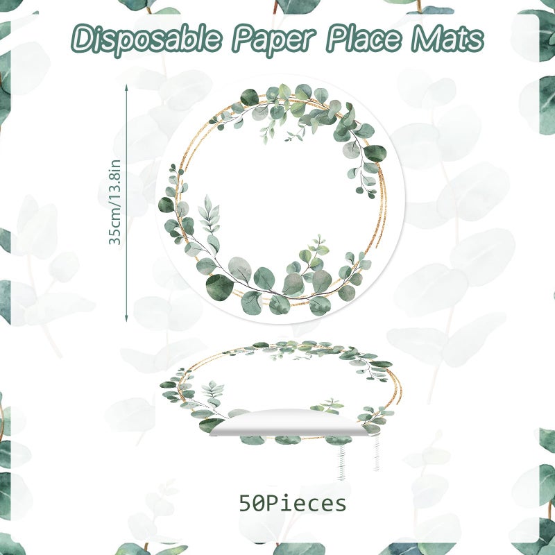 Tarklanda Paper Placemats Disposable 50 Pack Green Eucalyptus Leaves Wedding Disposable Placemats 13.7 Inch Summer Wedding Round Table Mats for Birthday Wedding Baby Shower Party Dining Decoration - Image 2