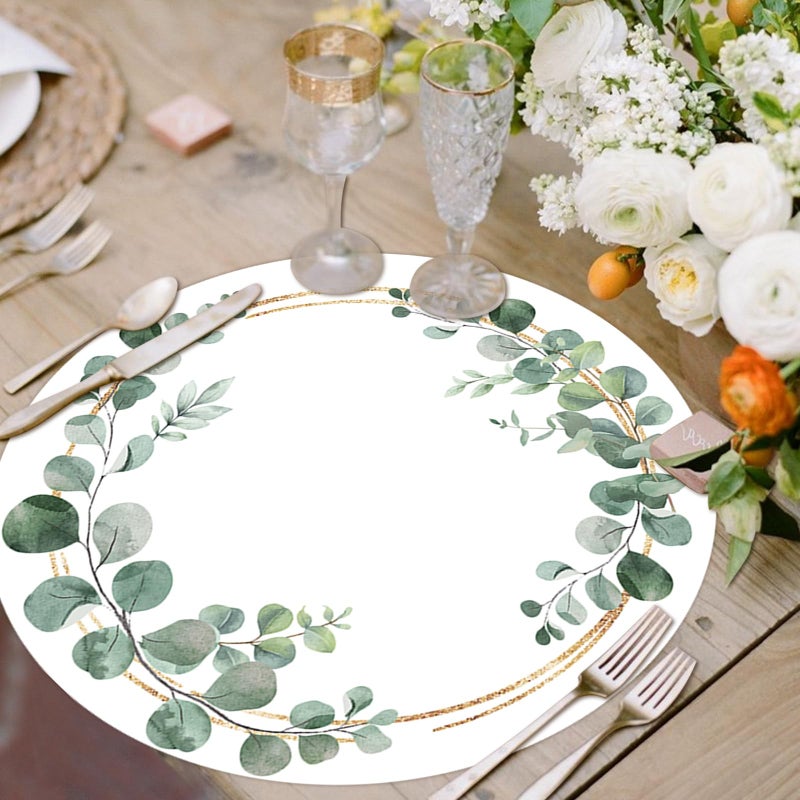Tarklanda Paper Placemats Disposable 50 Pack Green Eucalyptus Leaves Wedding Disposable Placemats 13.7 Inch Summer Wedding Round Table Mats for Birthday Wedding Baby Shower Party Dining Decoration - Image 4