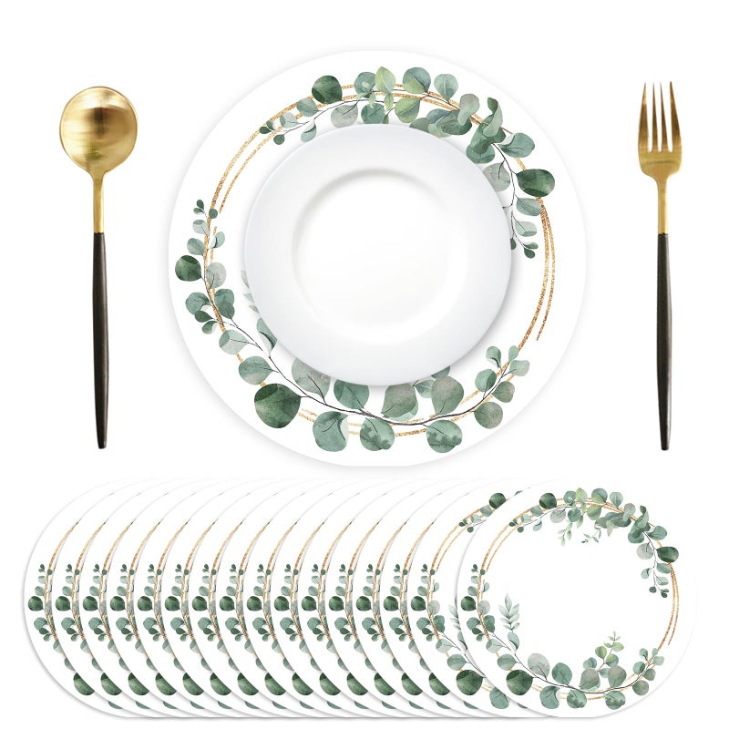 Tarklanda Paper Placemats Disposable 50 Pack Green Eucalyptus Leaves Wedding Disposable Placemats 13.7 Inch Summer Wedding Round Table Mats for Birthday Wedding Baby Shower Party Dining Decoration - Image 1