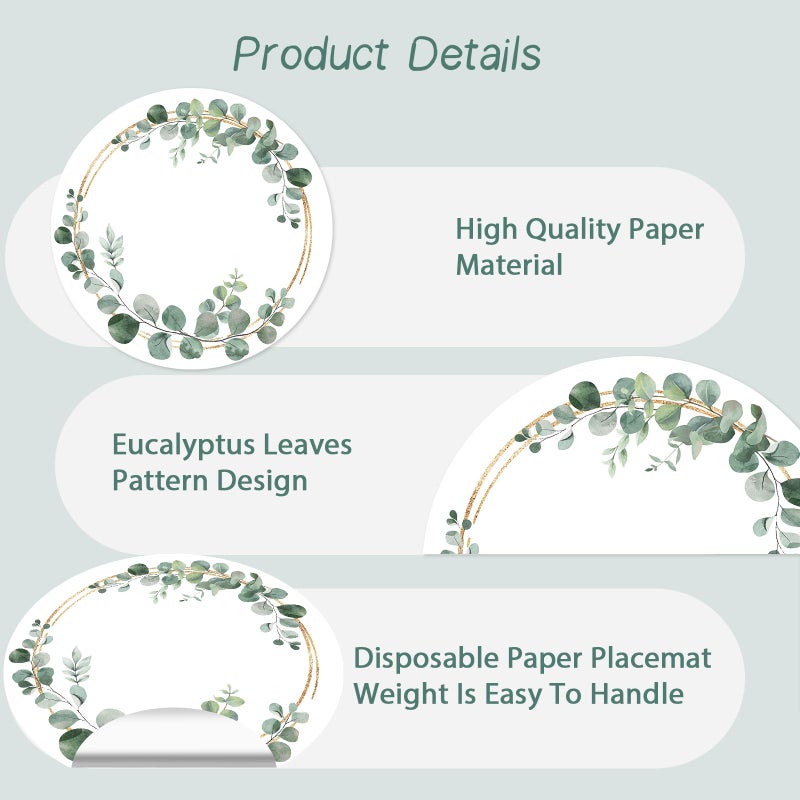 Tarklanda Paper Placemats Disposable 50 Pack Green Eucalyptus Leaves Wedding Disposable Placemats 13.7 Inch Summer Wedding Round Table Mats for Birthday Wedding Baby Shower Party Dining Decoration - Image 3