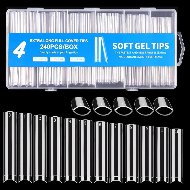Dudjndjd 240PCS No C Curve Square Nail Tips, XXXL Half Cover Clear Nail Tips for Acrylic Nails, 3XL Straight Tapered Square Fake Nail Tips Set, 12 Sizes Flattened Acrylic Nail Tips for Nail Salons and DIY
