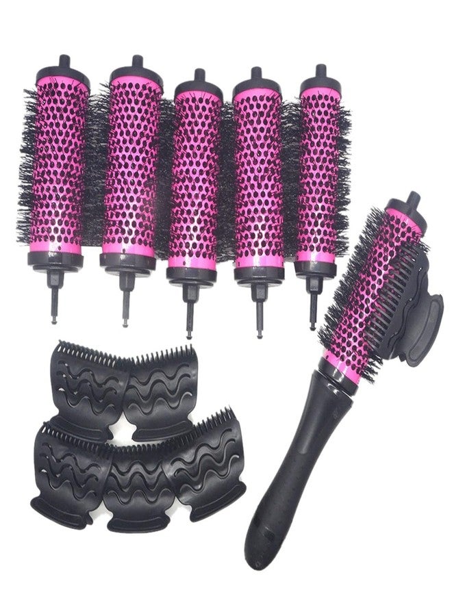 Fibroxify 6pcs/set Detachable Handle Hair Roller Brush with Positioning Clips Aluminum Ceramic Barrel Curler Comb for Fine, Thick Hair - Pink - Image 1
