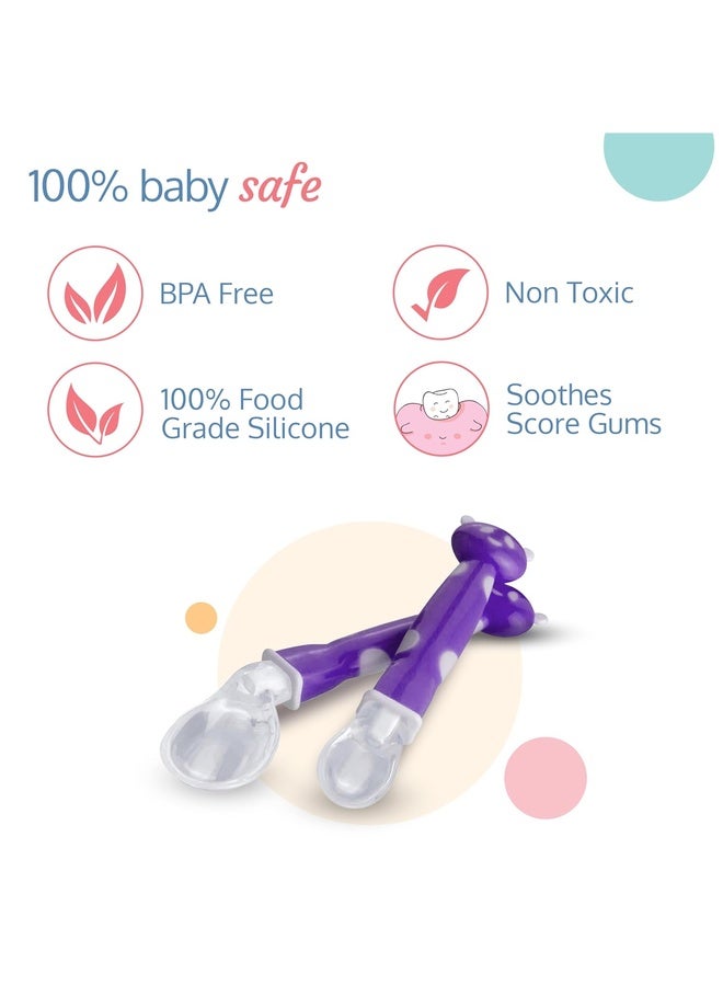Luvlap Joy Star Baby Self Feeding Spoon Set, Soft Silicone Tip, BPA Free, 2 pcs, Magenta / White - Image 2