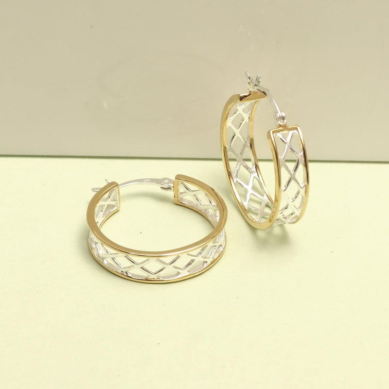 LeCalla 925 Sterling Silver Hoop Earrings for Women | 14K Gold-Plated Two-Tone Cut-Out Pattern Earring | Click-Top Earring Hoops 25MM - Image 3