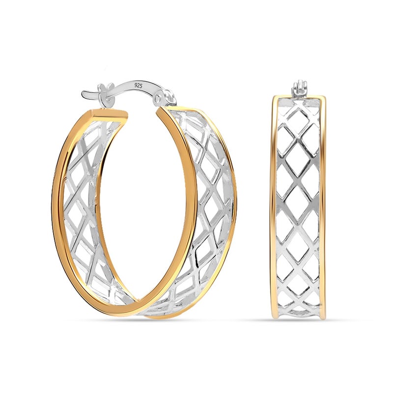 LeCalla 925 Sterling Silver Hoop Earrings for Women | 14K Gold-Plated Two-Tone Cut-Out Pattern Earring | Click-Top Earring Hoops 25MM - Image 4