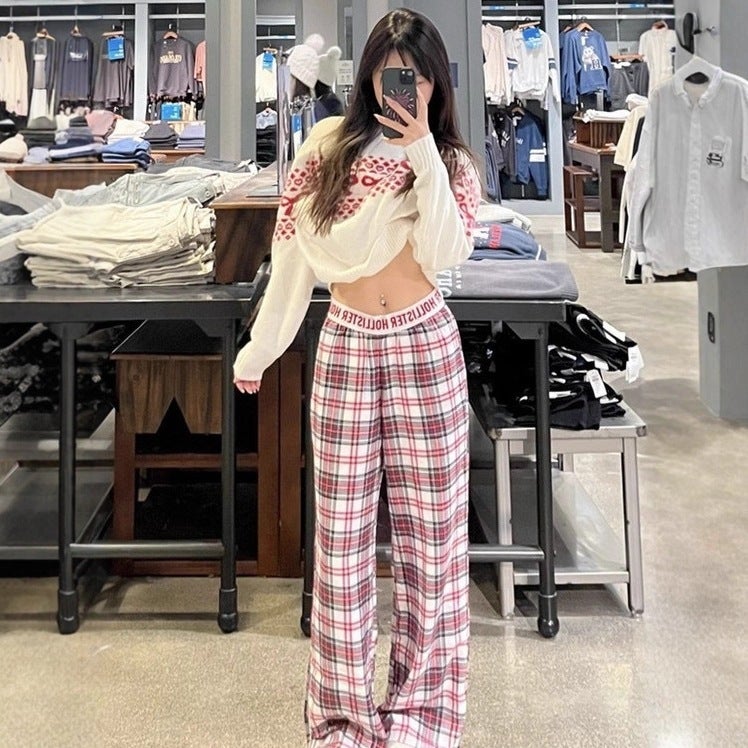 Trendy Brand Hollister American Retro Style Small Seagull Plaid Letter Tape Casual Versatile Pajama Pants Plaid Long Pants - Image 2