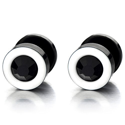 COOLSTEELANDBEYOND Mens Womens White Black Stud Earrings Steel Illusion Tunnel Plug Screw Back with 6MM Black Cubic Zirconia - Image 1